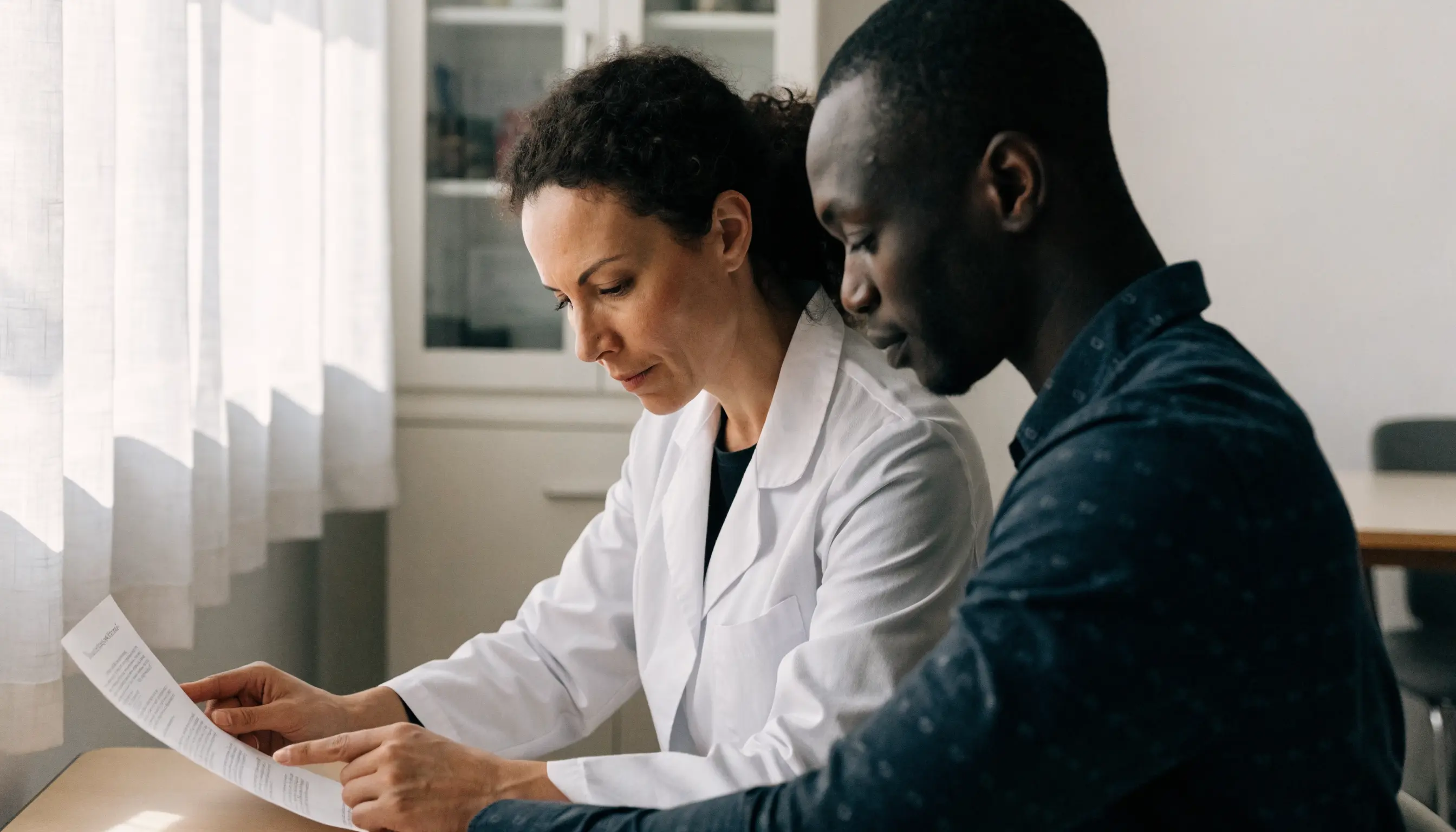 A clinician and a patient reviewing a treatment plan together.